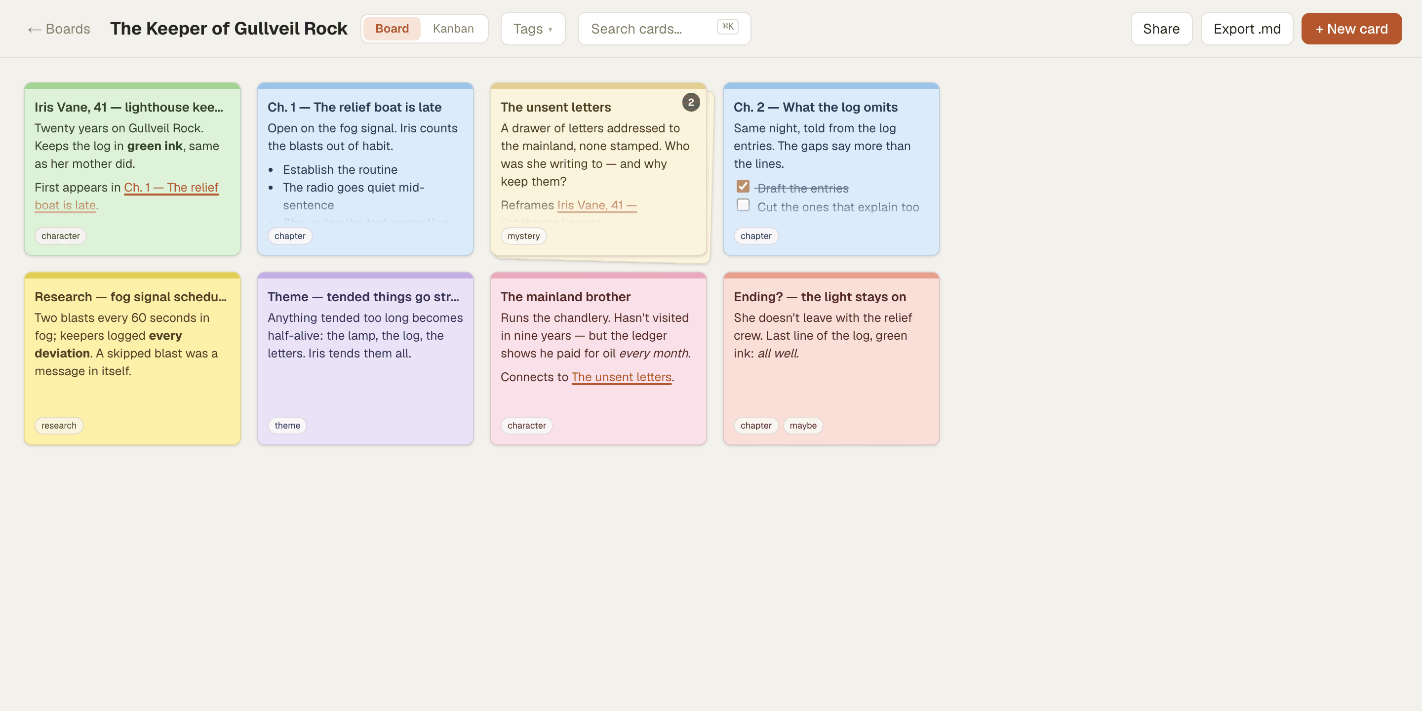 A Cork board with index cards planning a novel — color-coded cards with tags, a stack of research notes, and wiki-style links between scenes and characters