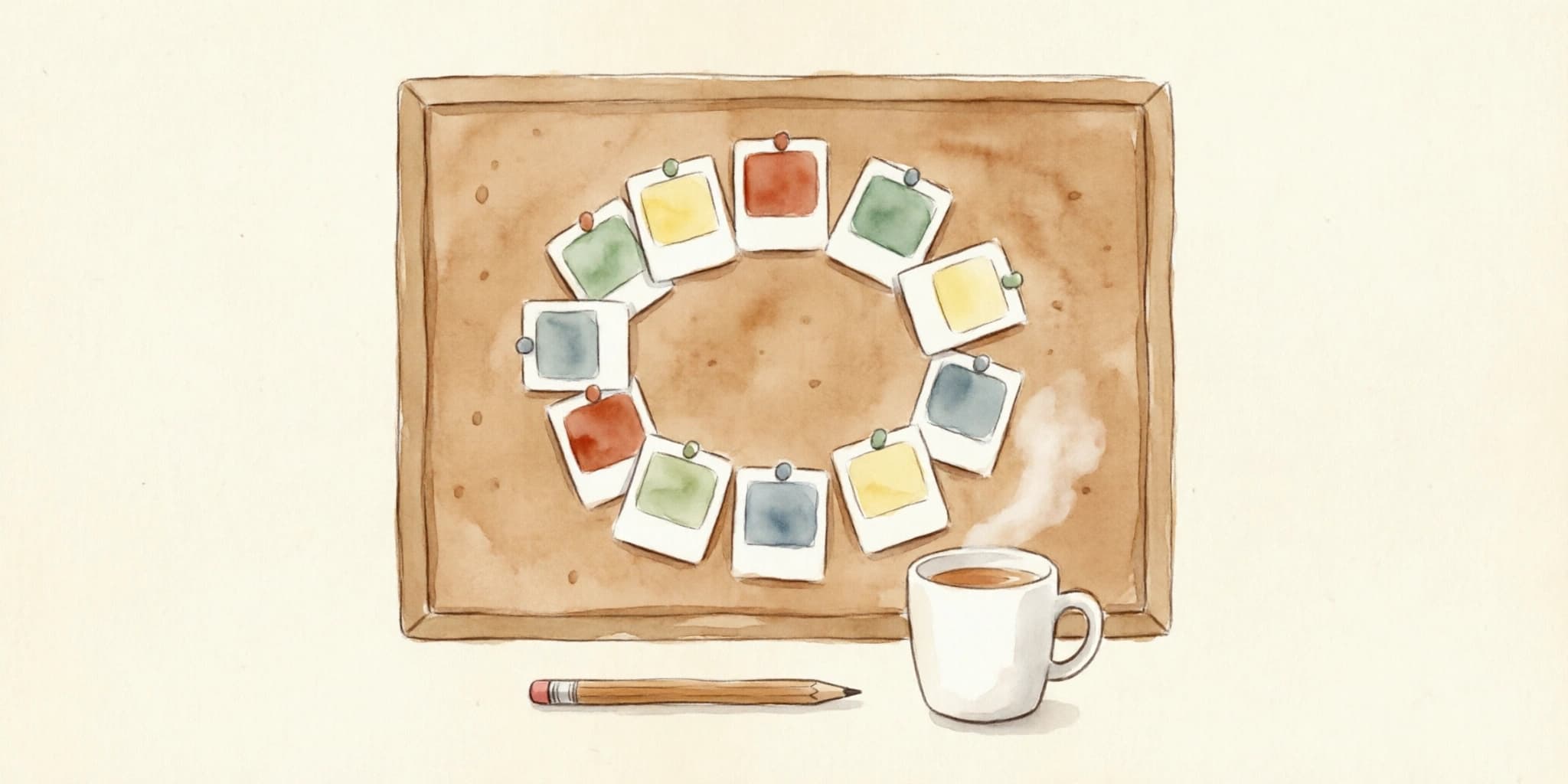 A corkboard holding a loose ring of colorful index cards, each pinned at a slight angle, with a pencil and a steaming mug of tea resting on the desk below