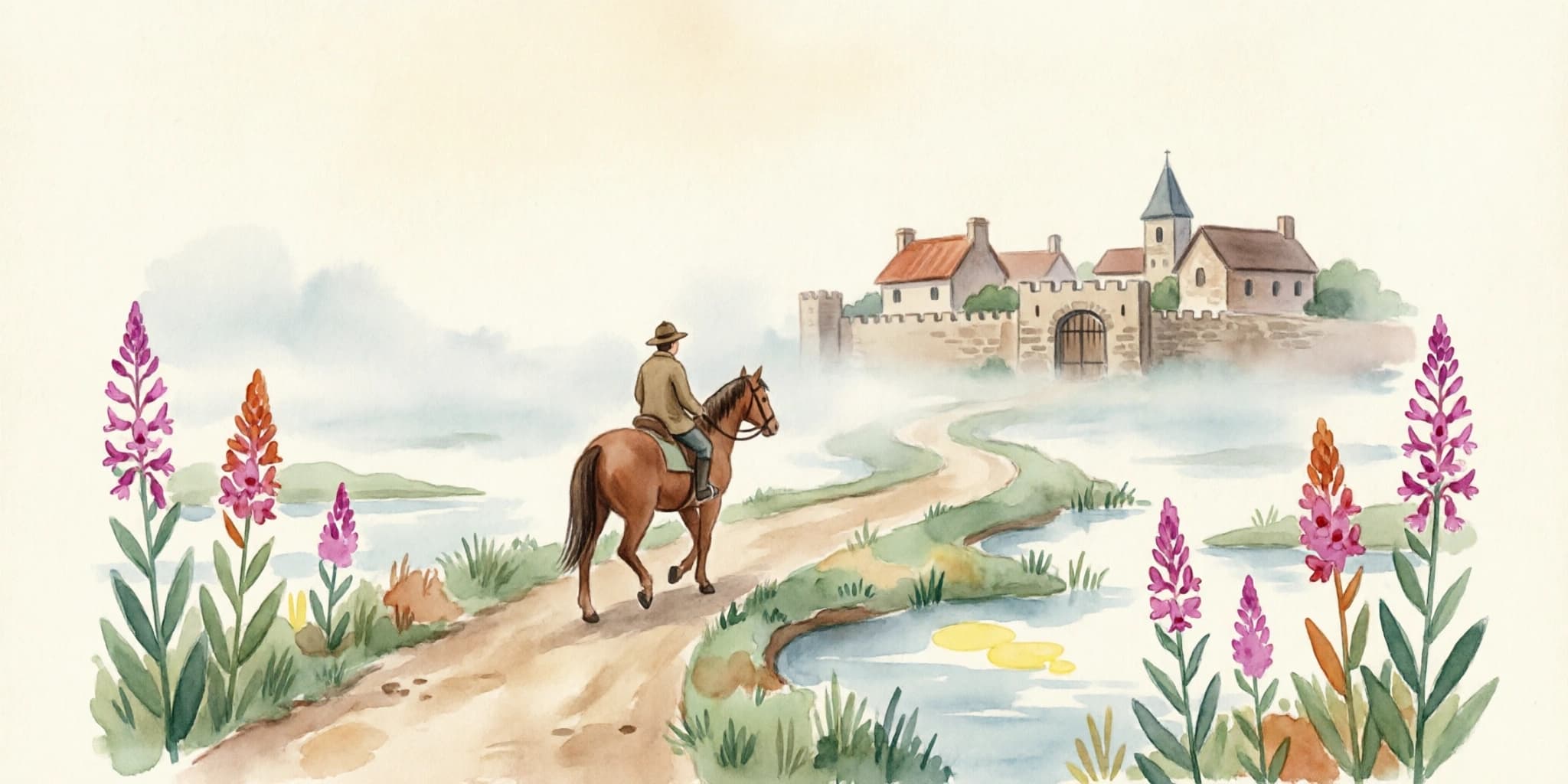 A lone rider on horseback following a raised road through misty marshland toward a distant walled town, tall magenta fireweed blooming along the roadside