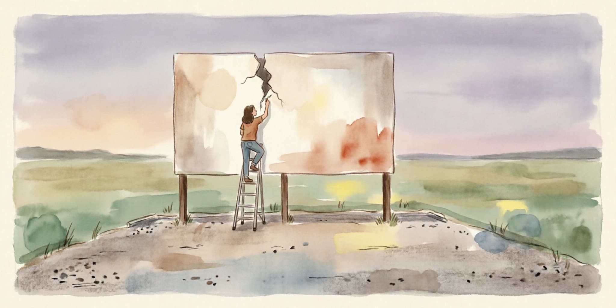 A woman on a ladder repairs a jagged tear in a drive-in movie screen at dusk, a gravel lot below her and flat prairie running to the horizon under a violet sky