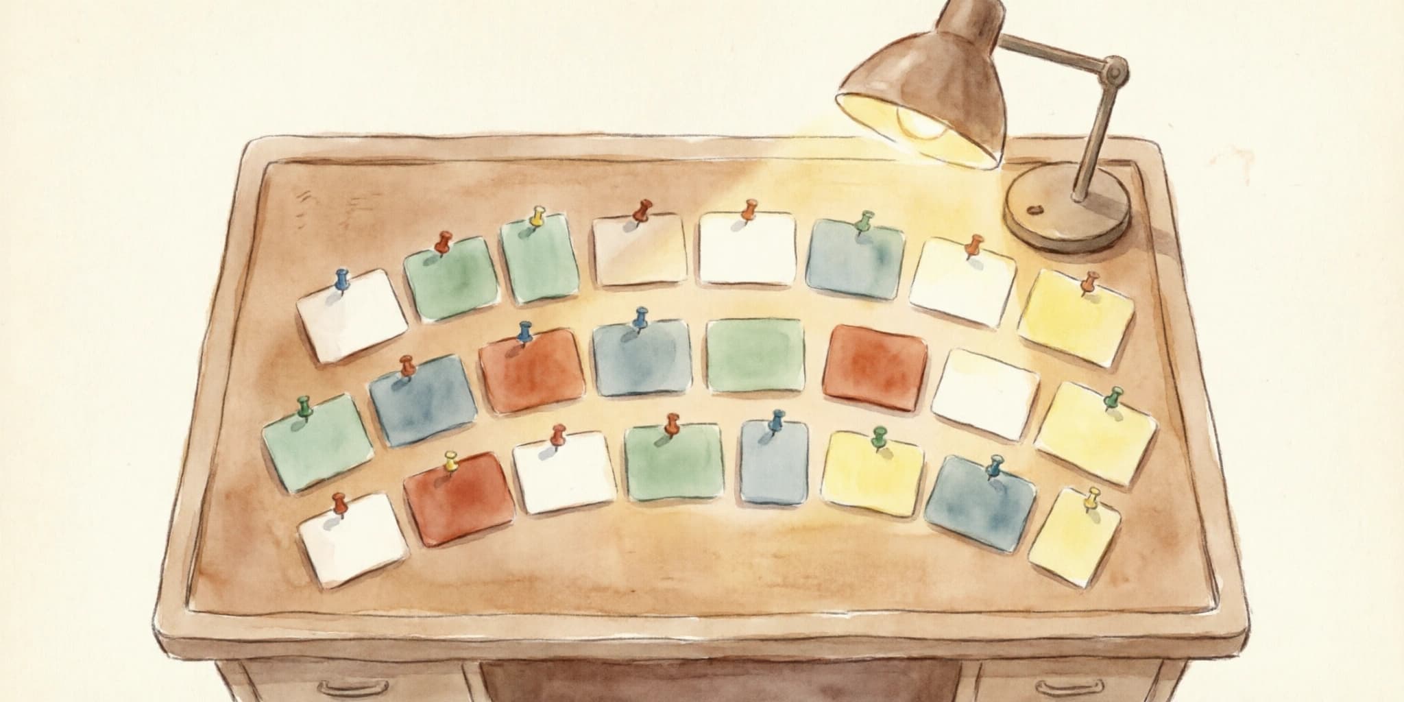 A wide writer's desk seen from above, dozens of index cards arranged in three loose arcs across a corkboard, a few cards pinned slightly askew, warm lamplight falling from one side