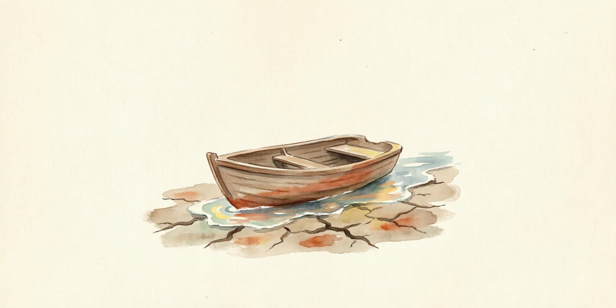 A small wooden rowboat resting on cracked mudflats at low tide, the first thin sheet of returning water sliding beneath its hull
