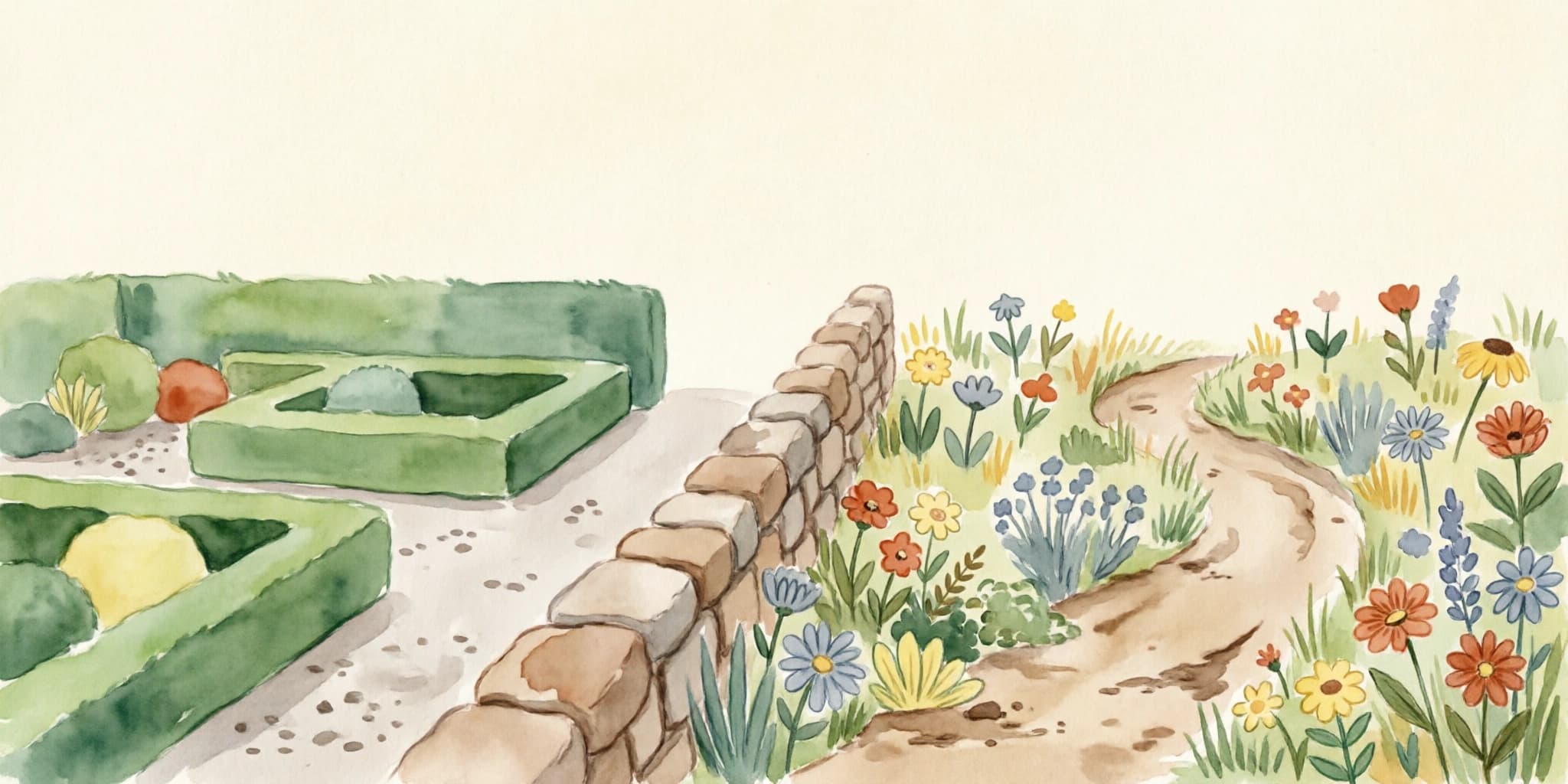 A low stone wall dividing a clipped formal garden of geometric hedges and gravel paths from an overgrown cottage garden of wildflowers and a winding dirt track