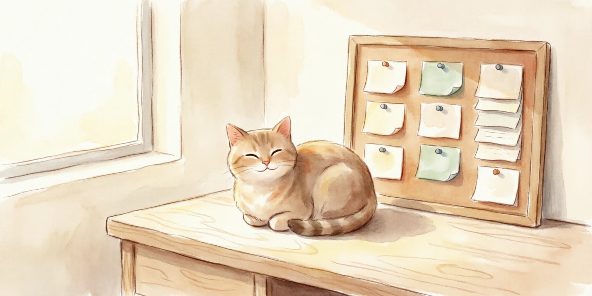 A small contented cat sitting on a writer's desk beside a corkboard holding three neat columns of pinned index cards, soft evening light