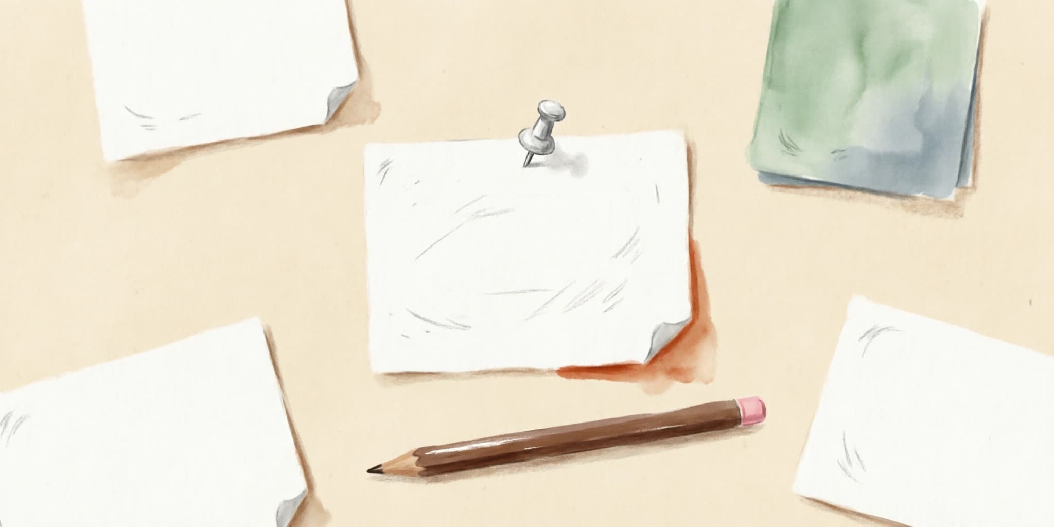 A close-up of one index card pinned at the center of a corkboard, a loose scatter of blank cards around it, a pencil resting at the bottom edge