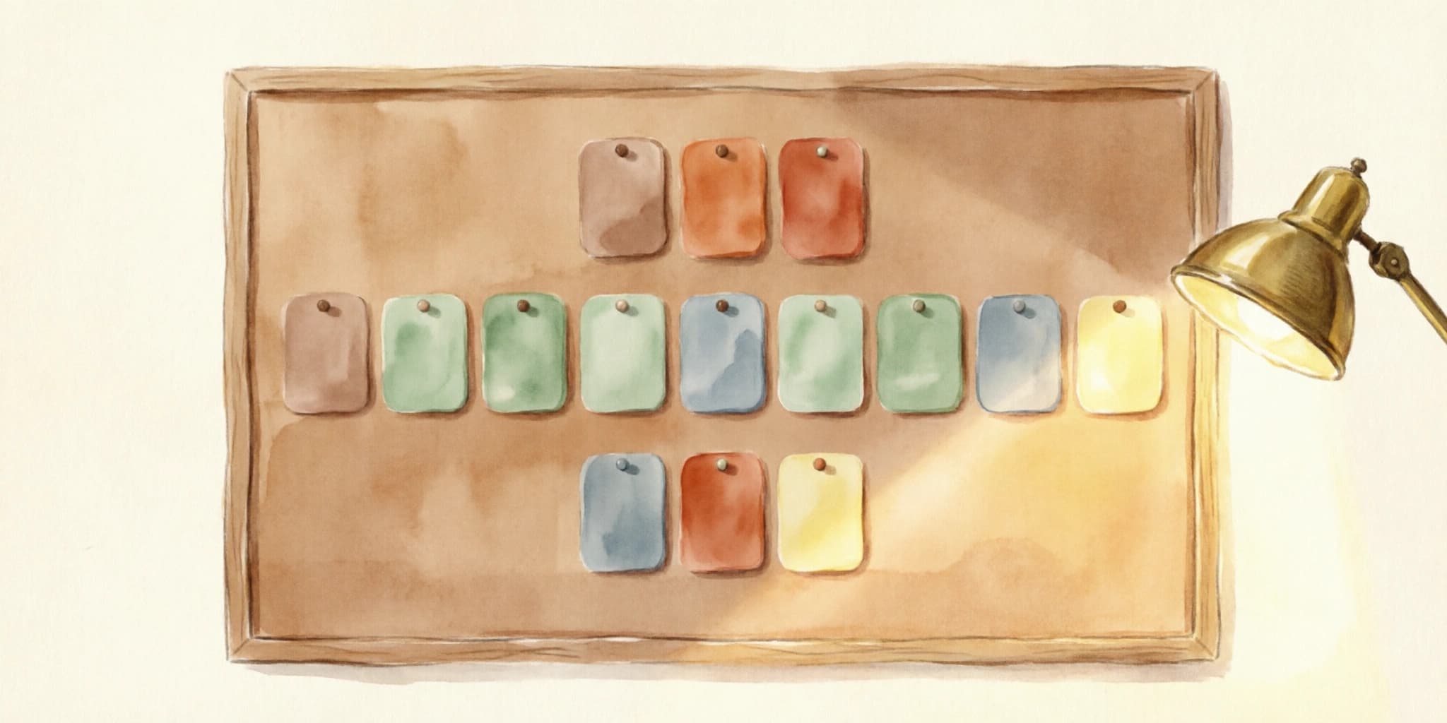 A wide corkboard holding three rows of colorful pinned index cards, a short top row, a long middle row stretching the full width of the board, and a short bottom row, lit from one side by a desk lamp