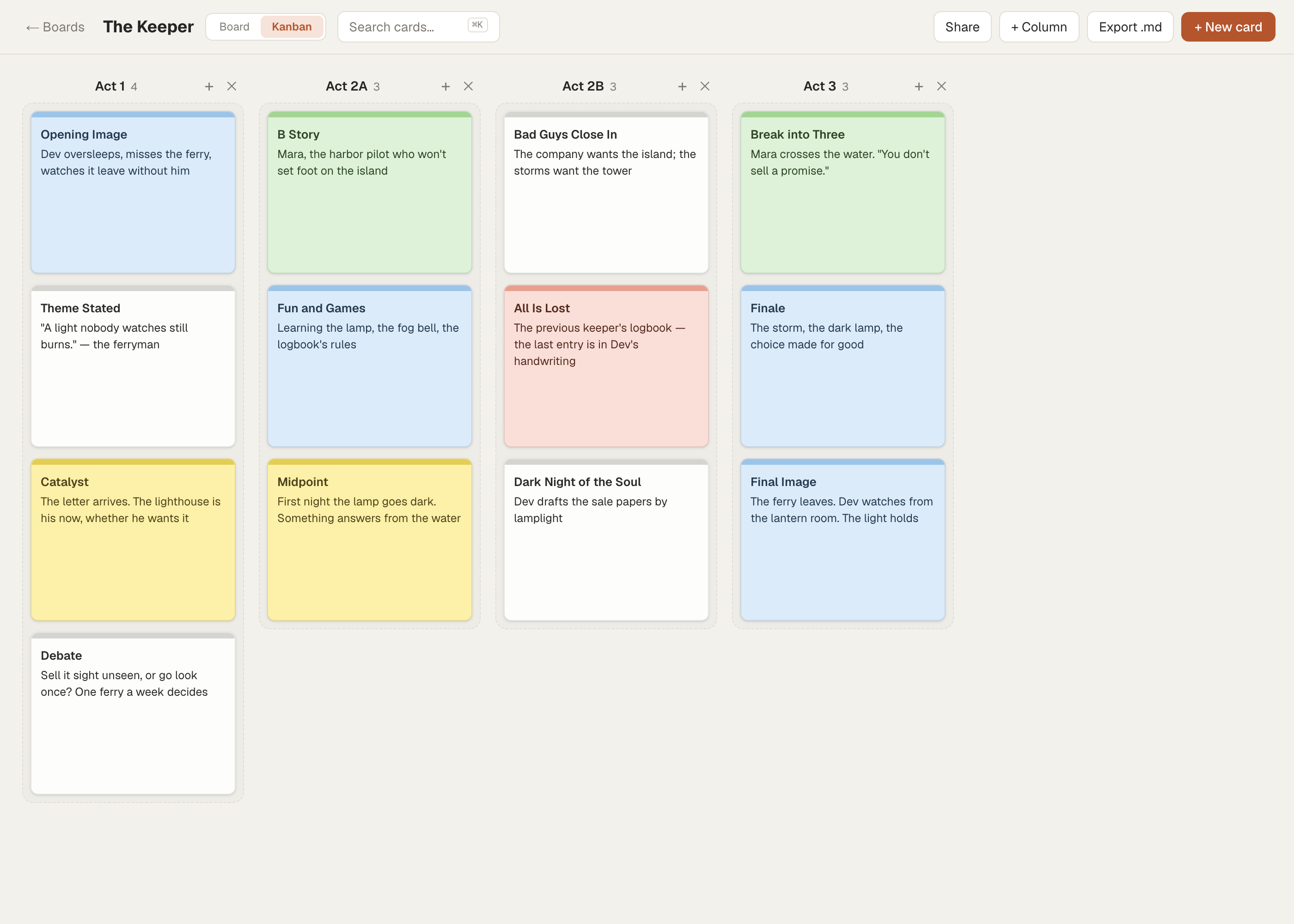 A Save the Cat beat board in Cork — kanban columns for each act, beat cards color-coded by story line