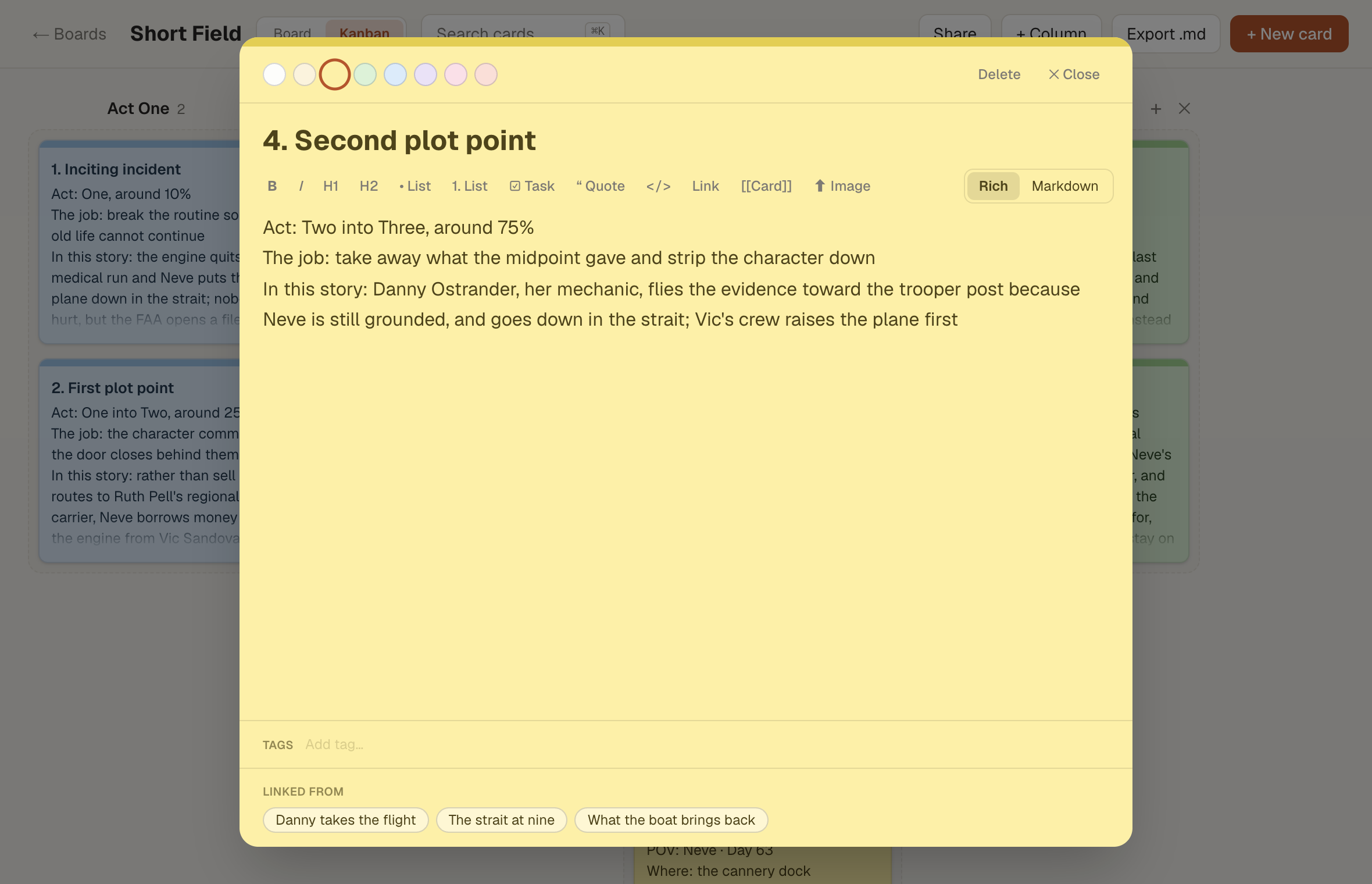 The second plot point card open in Cork, its backlinks row collecting the three Short Field scene cards that link to it