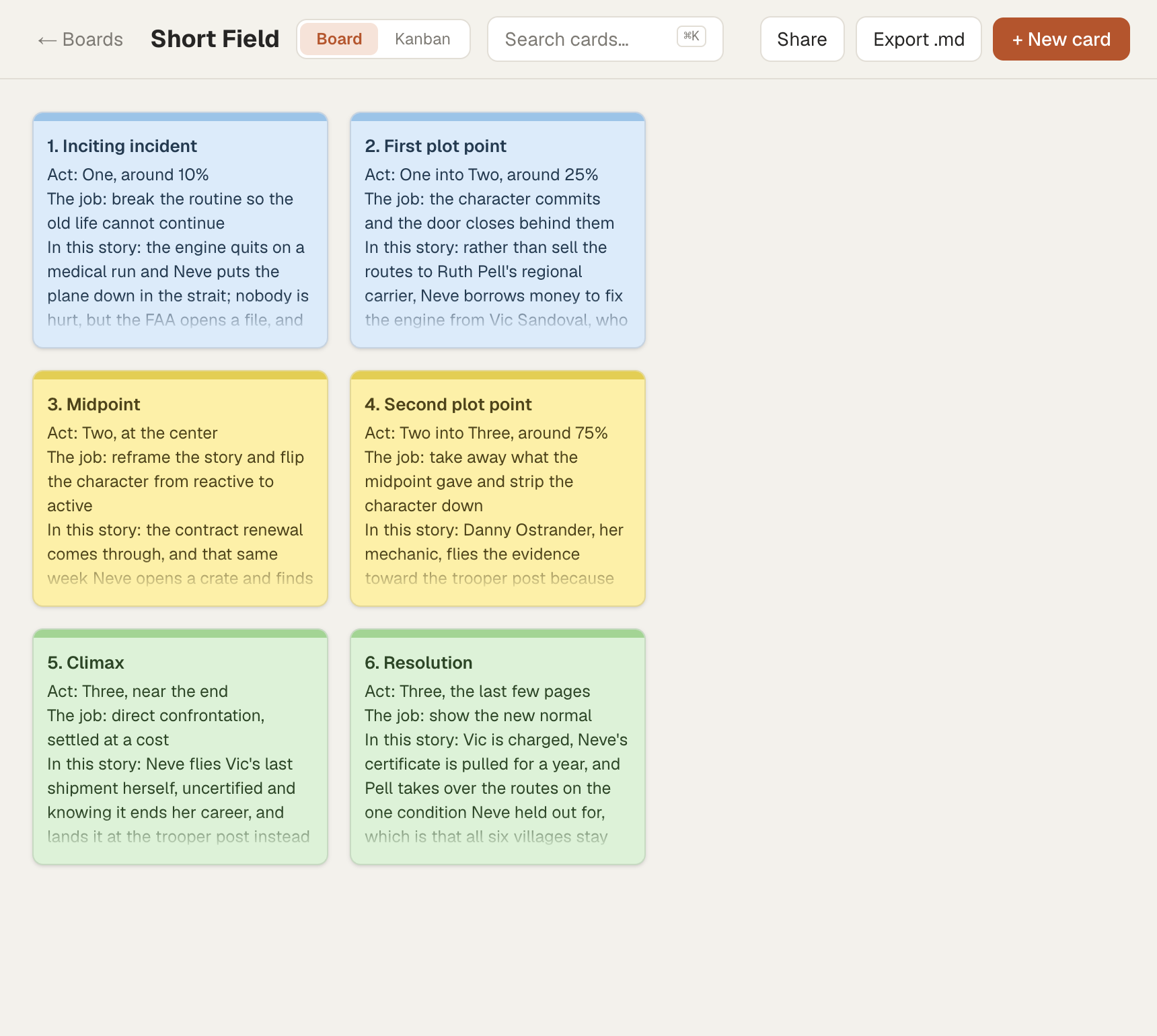 The six Short Field beat cards pinned in three corkboard rows, one row per act, colored by act