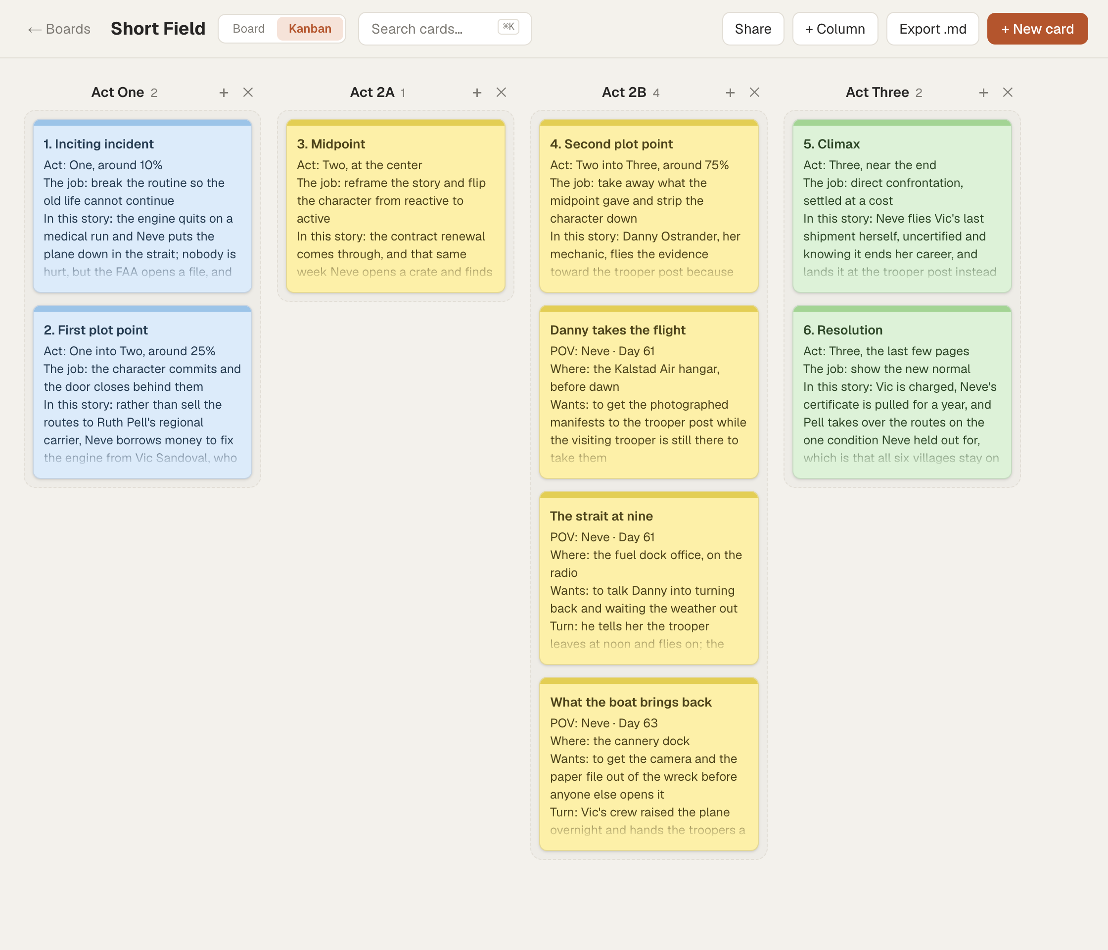 A three-act novel outline in Cork's kanban view, four columns for Act One, Act 2A, Act 2B, and Act Three with cards colored by act
