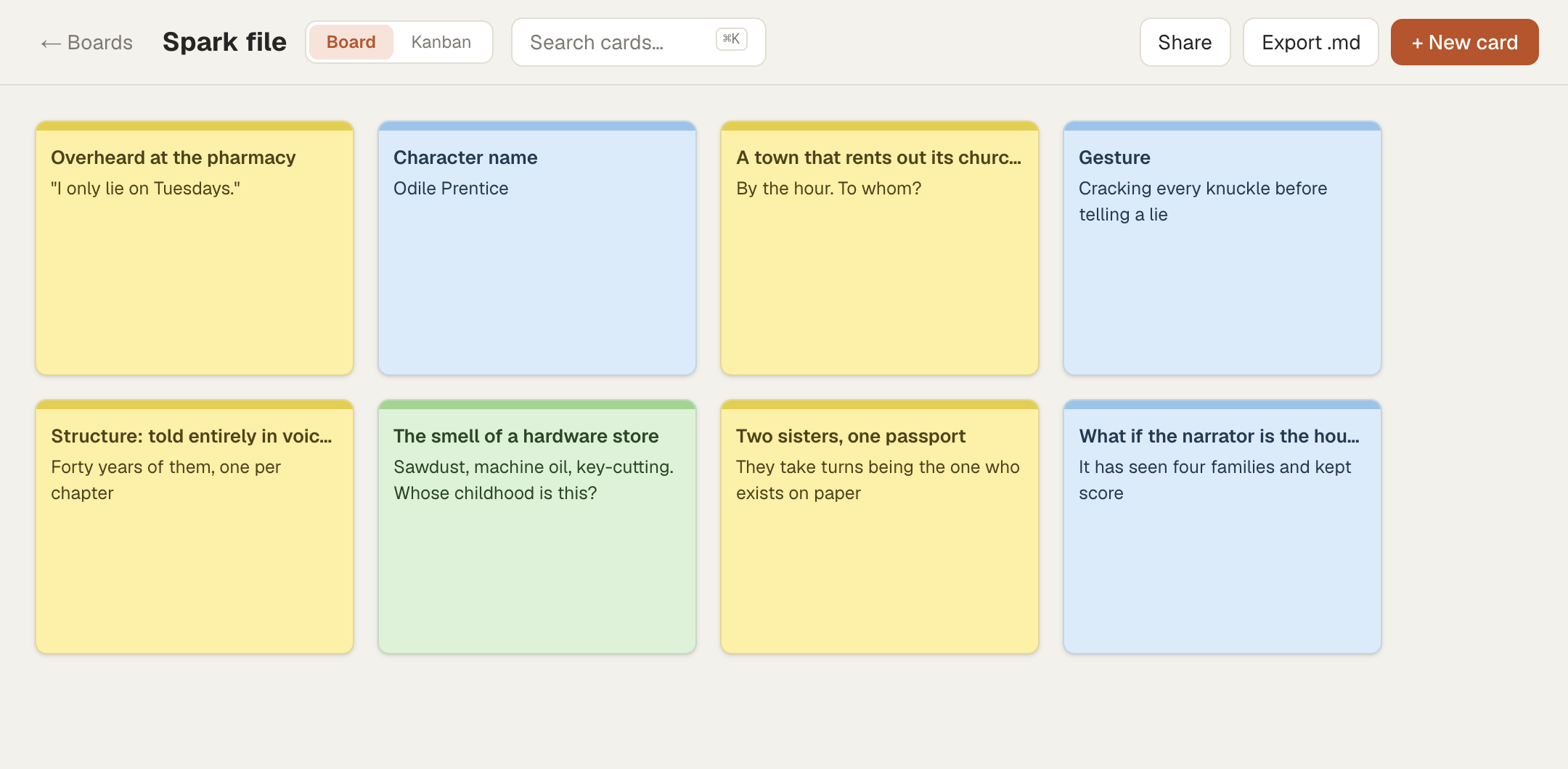 A spark file board of stray idea cards in mixed colors: overheard lines, a character name, images, and structures